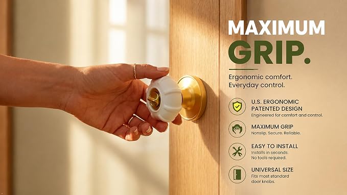 Enjoy Cover | 2 Pack Upgraded Ergonomic Design Door Knob Cover Grips, Non-Slip, Arthritis and Senior Living Aids, Universal Size (White)