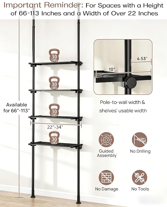 ALLZONE Adjustable Over The Toilet Storage Shelf, 4-Tier Ample Bathroom Organizer and Storage, Tension Mounted Above Toilet Storages Cabinet for Versatility, Fits 66-113 Inch Heights, Matte Black