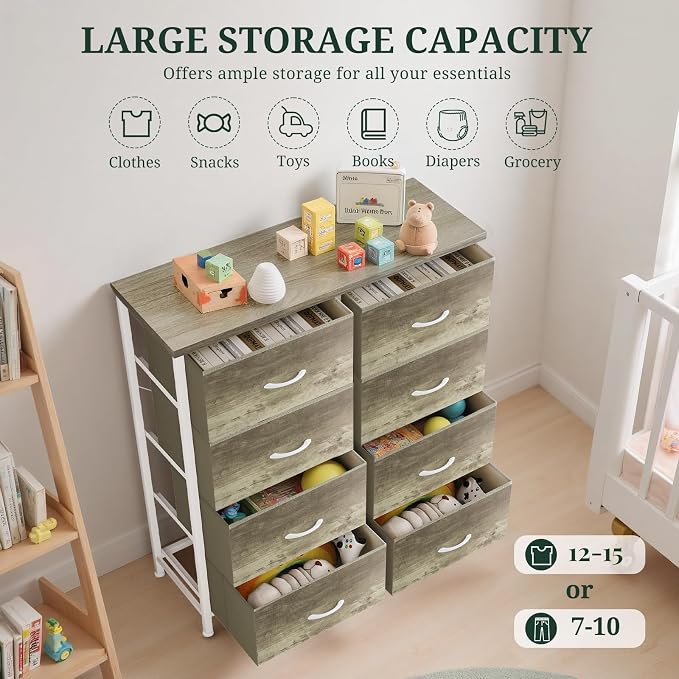 8-Drawer Dresser for Bedroom, Anti-Tip Tall Storage Organizer Chest of Drawers with Wooden Top and Metal Frame Fabric Bins for Closet, Living Room, Hallway, Entryway, Greige Oak