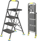 DIAMONDFORGE 3 Step Folding Ladder, 600lbs Capacity Steel Stool with Tool Platform, Wide Anti-Slip Pedal & Feet, Sturdy Steel Construction, Step Ladder for Home Office, Black Yellow