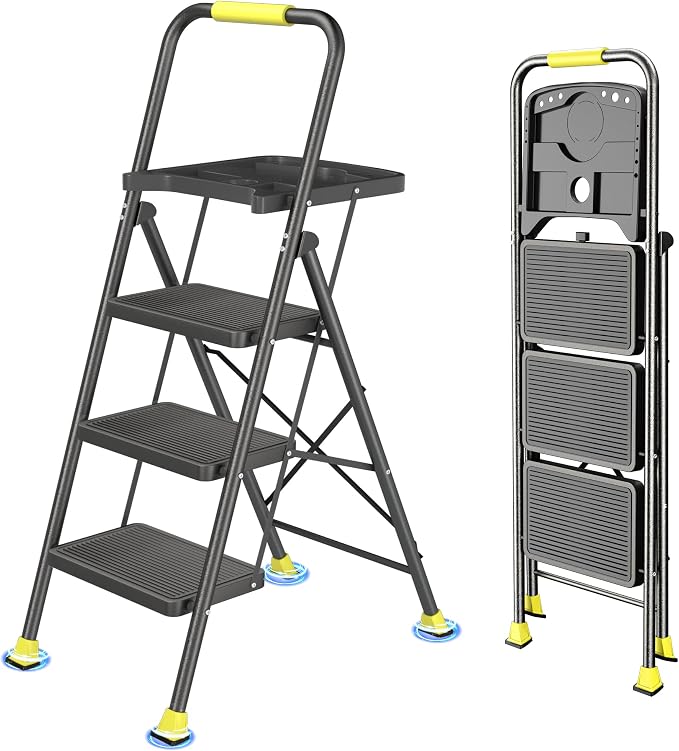 DIAMONDFORGE 3 Step Folding Ladder, 600lbs Capacity Steel Stool with Tool Platform, Wide Anti-Slip Pedal & Feet, Sturdy Steel Construction, Step Ladder for Home Office, Black Yellow