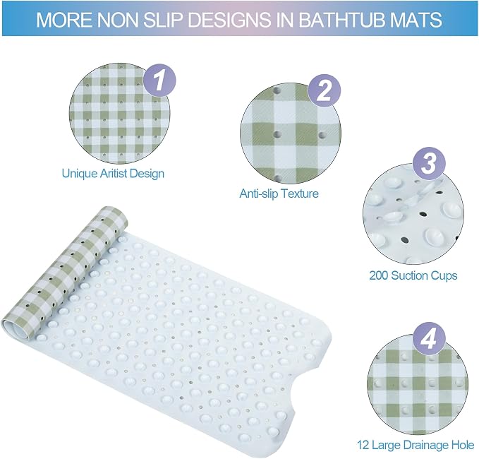 Green Bathtub Mat Non Slip 40x16 Inch Extra Long Bath Mat, Checkered Modern Art Shower Mat, Bath Mat for Tub Anti Slip with Large Drain Holes Suction Cups, Geometric Design Bathroom Mat Green