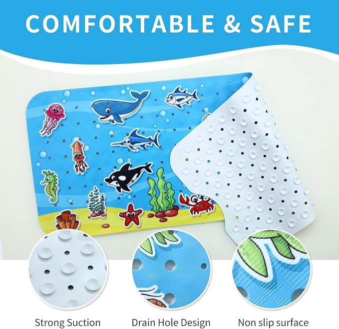 Bath Mat for Tub Non Slip Baby Kids Bathtub Mat Extra Long 40X16 Inch Anti Slip Toddler Shower Mat with Suction Cups & Drain Holes, Machine Washable,Ocean World
