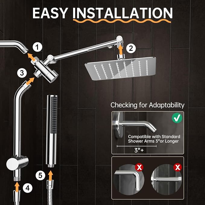Veken All Metal Shower Head with Handheld, Luxurious Square Spa-like Double Rain Shower Heads,Power Wash Wand,Dual High Pressure Detachable 8" Small Rainfall Showerhead with Spray Combo,Chrome,Sliver