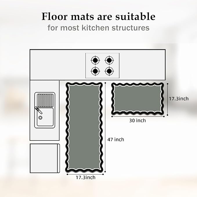 Arenarug Scalloped Black Gray Kitchen Mats Rugs Sets of 2 Cushioned Anti Fatigue Floor Mat Waterproof Kitchen Rugs Non Slip Foam Comfort Standing Mat for Sink Laundry
