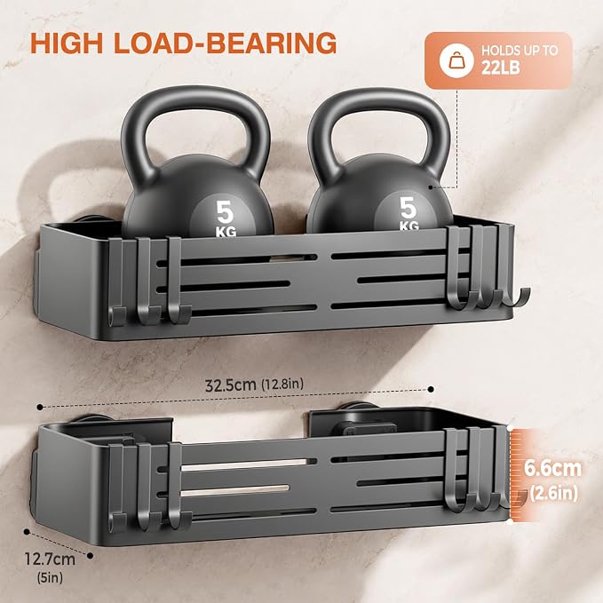 Lekesky Suction Cup Shower Caddy, No Drill Shower Shelf, Aluminum Rust Proof Bathroom Shower Organizer with 12 Hooks (2-Pack, Gunmetal Gray