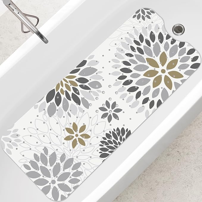 SHUCHING Boho Gray Sunflower Bath Mat for Tub Non Slip-40 X 16Inch, Bathtub Mat Anti Slip, Long Shower Mat for Bathroom Mold Free, Machine Washable