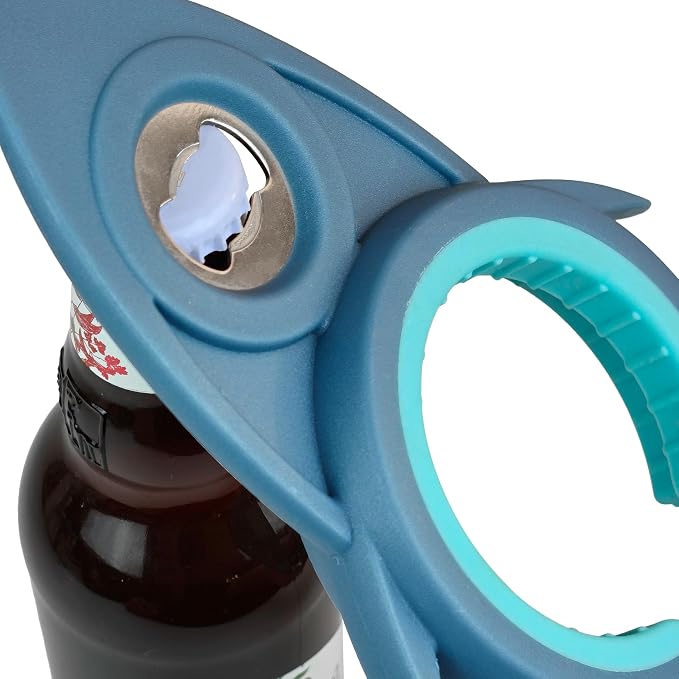 Jar Opener Bottle Opener for Arthritis, 5-in-1 Multifunctional Jar Opener, Easy to Use for Seniors and Weak Hands, Shark Shape Kitchen Gadget for jar, Beer and Bottle (Grey and Blue)