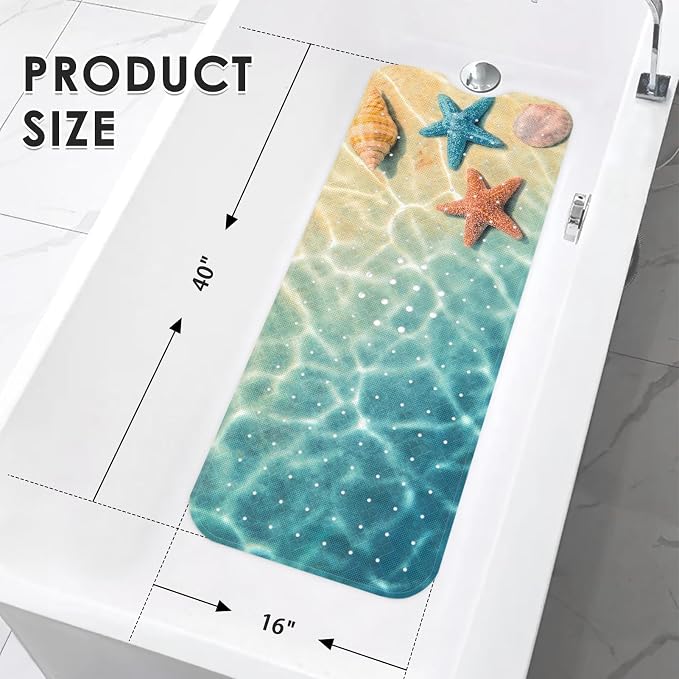 Seashell Summer Beach Bath Mat Non Slip, Starfish Blue 40 X 16 Inch Extra Long Bathtub Shower Mat for Tub Anti Slip with Suction Cups and Drain Holes for Kids Adults Elderly