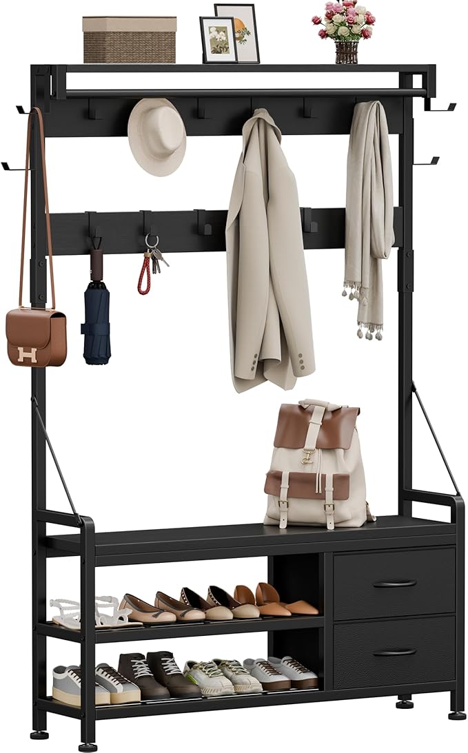 Lulive Hall Tree with Bench and Shoe Storage, 39.4” Entryway Bench with Coat Rack freestanding, 5 in 1 Entryway Furniture Organizer Large Coat and Shoe Rack with 21 Hooks and Drawers, Black
