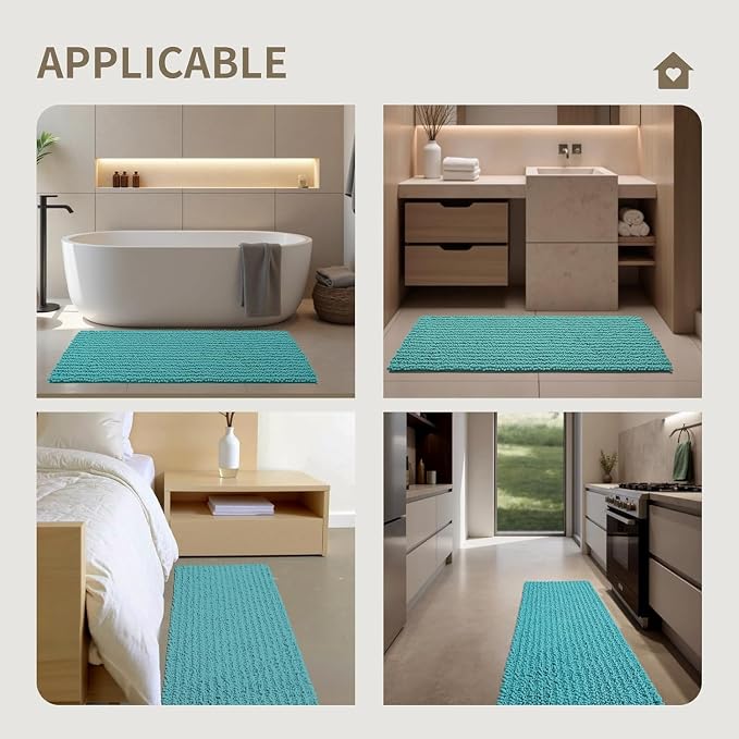 Bathroom Rugs Non Slip Washable 32x20, Extra Thick Soft Chenille Absorbent Bath Mat, High Density Barrier Non Slip Backing, Quick Dry Plush Shaggy Floor Carpet for Tub&Shower, TealBlue