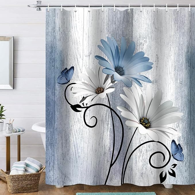 Onalasyc 4PCS Blue Daisy Flowers Plants Shower Curtain Set, Shower Curtain and Carpet and Accessories, Waterproof Bathroom Shower Curtain Decorative Set, with 12 pcs Hooks,71 x 71in