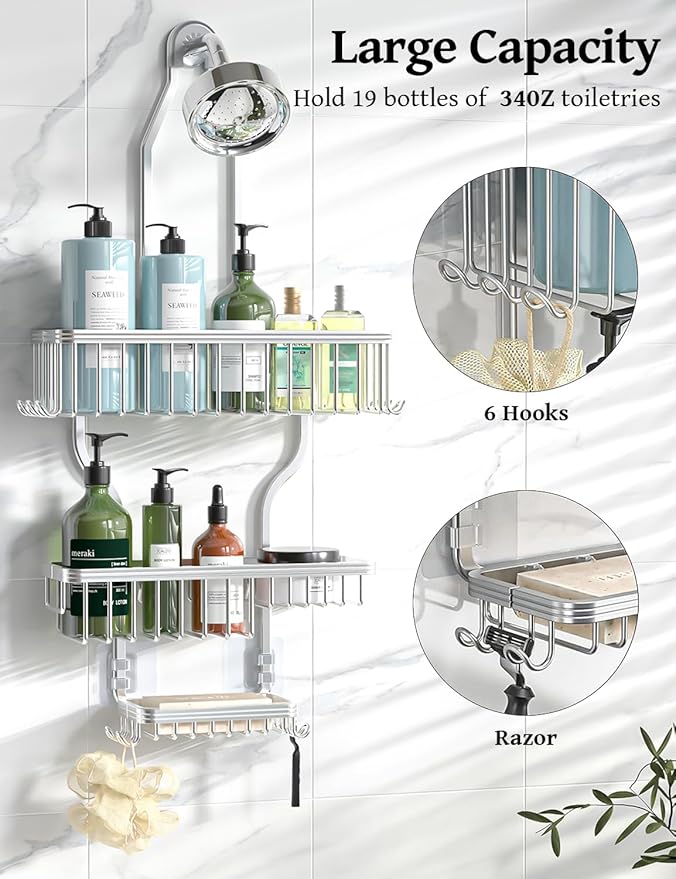 YASONIC Never Rust Shower Caddy Hanging, Aluminum Shower Racks for Inside Shower, 3-Tier Shower Organizer Hanging Over Shower Head with Hooks and Soap Holder, Silver
