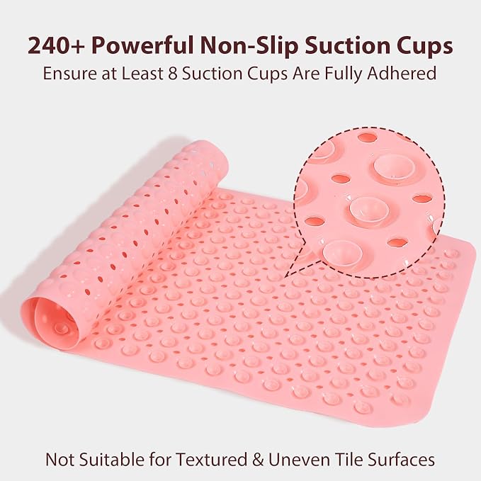 Large Shower Mat 21.5x33.5 Inch Pink, Soft Non Slip Shower Mats for Inside Shower with Big Suction Cups Drain Holes, Extra Large Bath Bathtub Mat Floor Stall Mats, BPA-Free, Easy Clean