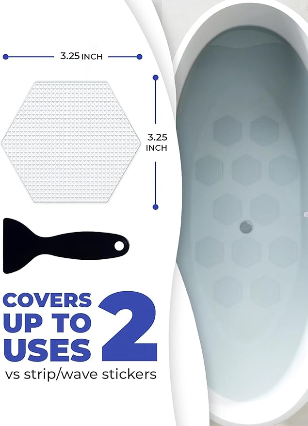 Clear Bloom Anti-Slip Shower Stickers for Tub & Shower Floor — Original Clear Hex Non-Slip Bathtub Stickers, 24 Pack 3.25”, Micro-Pyramid Grip, Scraper Included, Easy Apply