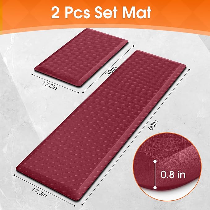 TranquilRelax 4/5 Inch Thick 2-Piece Anti-Fatigue Kitchen Mats, Cushioned Non-Slip Waterproof Sink & Stove Floor Mats, Comfortable Standing Rug Set for Kitchen, Laundry & Entryway, Red