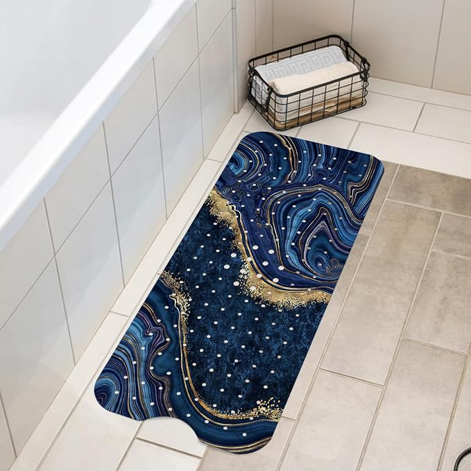 LNOND Marble Bath Tub Mat Non Slip, Extra Long 40 X 16 Inch Anti Slip Mat for Bathtub, Blue Luxury Marble Shower Mat with Drain Holes and Suction Cups, Machine Washable