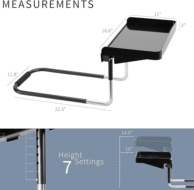 Height Adjustable Under Mattress 17 inch Bedside Shelf, Works with Lofts and Beds Without Frames, Heavy Duty Storage Tray, Fits Laptops, Books, and Drinks, Nightstand Alternative, Black