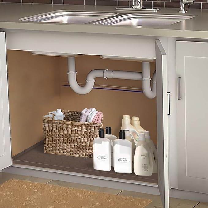Under Sink Mat, 19"x22" Under Sink Mats for Kitchen, Silicone Waterproof Under Sink Liner, Sink Cabinet Organizer Tray with Drain Hole (Brown, 19X22)