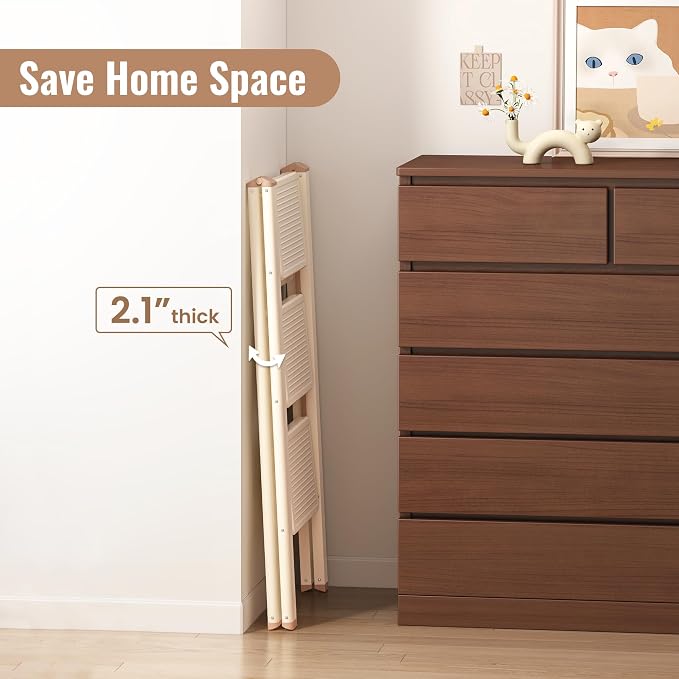 3 Step Ladder, 3 Step Stool for Adults, Folding Step Ladder with Secure Footing, Widened Pedal, Aesthetically Pleasing Looking, Blends Right into Domestic Rooms, Cream Chocolate