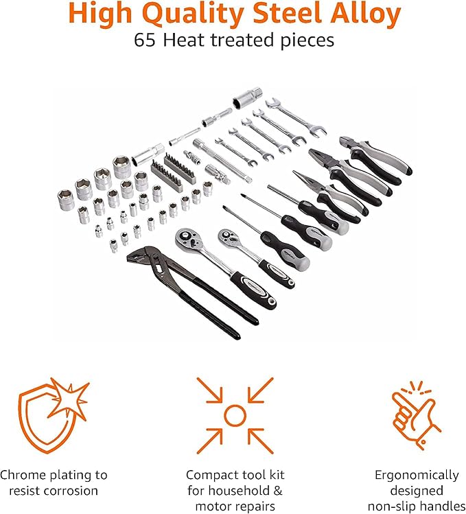 Amazon Basics 65-Piece General Household Home Repair and Mechanic's Hand Tool Kit Set with Storage Case, Portable, Non-Slip Handles, Black