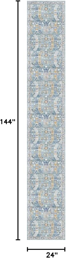 Madane Hallway Runner Rug 2x12, Extra Long Washable Runner Rugs with Rubber Backing, Non Slip Carpet Runner for Hallway, Vintage Rug Runners for Kitchen Laundry Room Entryway (Blue/Gold, 2'x12')