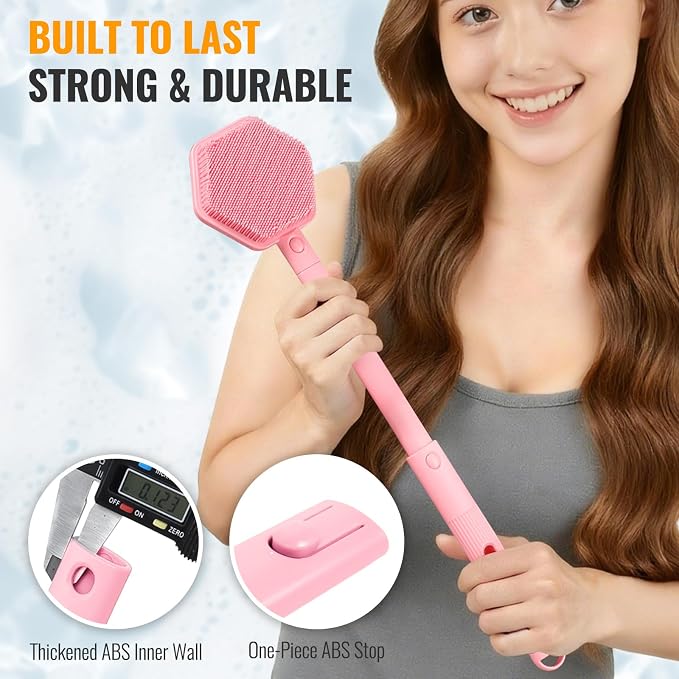 AIMAIAIMAI Silicone Back Scrubber for Shower – 21in Extendable Shower Brush with Long Handle – Dual-Sided Back Brush with Non-Slip Grip, Gentle Cleansing & Exfoliation for Men, Women, Elderly (Pink)