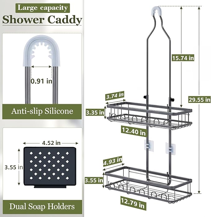 Skyapex Shower Caddy Hanging: Adjustable Height Organizer for Over Showerhead - Rustproof Shower Shelves with Hooks & 2 Soap Holders