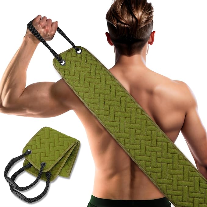 Exfoliating Back Scrubber with Two Handles, 39 Inch Wide Double-Sided Body Scrub Bath Exfoliator, Exfoliating Washcloth for Use in Shower, Back Washer to Deep Clean Your Skin for Men & Women (Green)