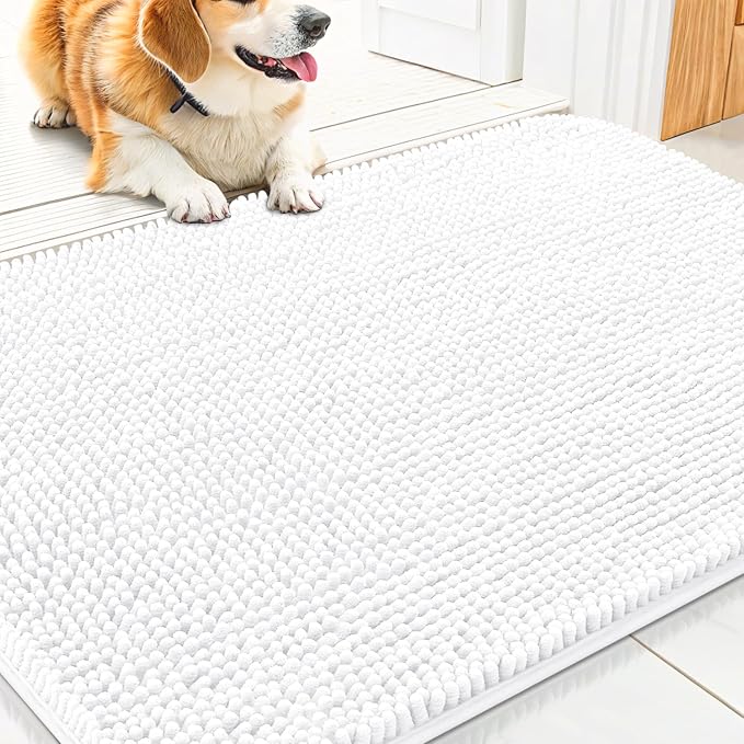 Smiry Dog Door Mat for Muddy Paws 30x20, Absorbent Dirt Trapper, Non-Slip Washable Chenille Entryway Rug for Inside Floor, White, Classic Solid