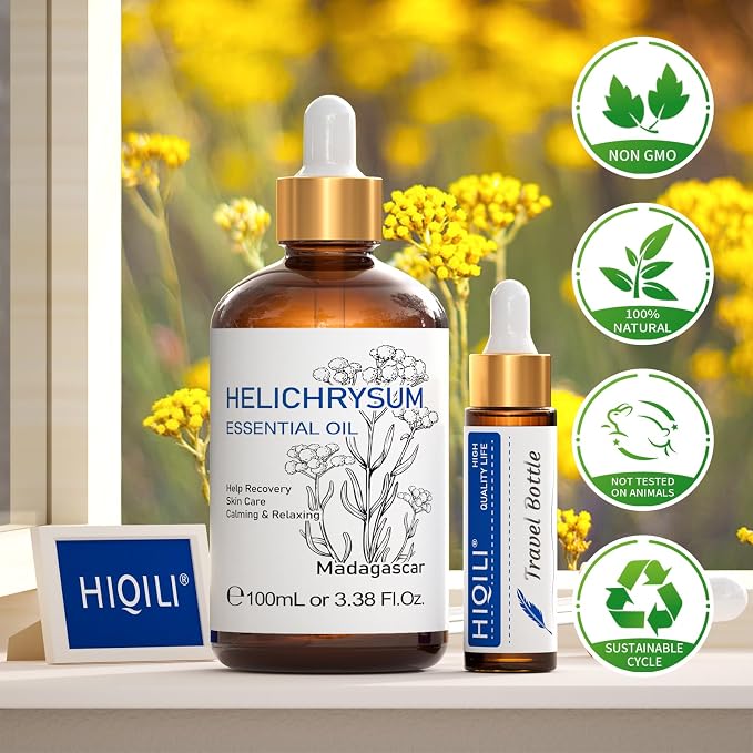 HIQILI Helichrysum Essential Oil for Skin Nourish, Undiluted & Natural, Relieve Fatigue in Body Massage, Reduce Fine Line and Wrinkle, Aromatherapy Diffuser, DIY Floral Scented Gift -100ML