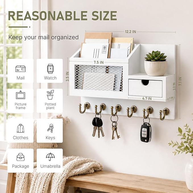 FifthQuarter Key and Mail Holder for Wall, Mail Organizer Wall Mount with 6 Hooks and Storage Drawer, Easy Installation Key Rack for Entryway and Home Decor (B-White)