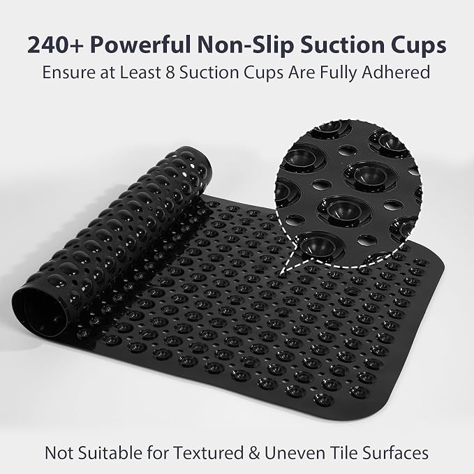 Large Shower Mat 21.5x33.5 Inch Black, Soft Non Slip Shower Mats for Inside Shower with Big Suction Cups Drain Holes, Extra Large Bath Bathtub Mat Floor Stall Mats, BPA-Free, Easy Clean