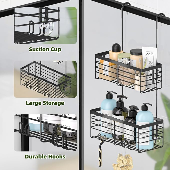 YUOROS Hanging Shower Caddy, 2 Tier Over the Door Shower Organizer Rack Organizer Stainless Steel Rustproof (Black)