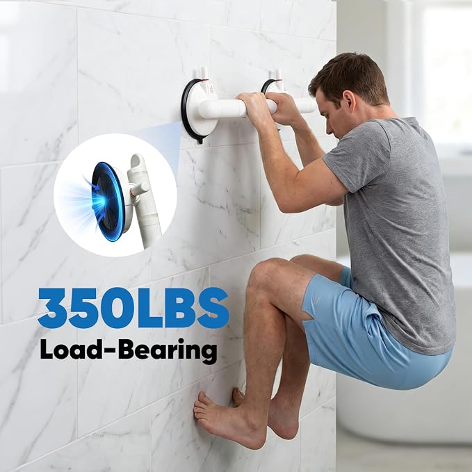Suction Grab Bars for Shower, 14.4 Inch 350 LBS Weight Support Shower Handles with Safety Indicator, 2 Pack Grab Bars for Seniors and Elderly, No Drilling Removable Bathtub Grip, White