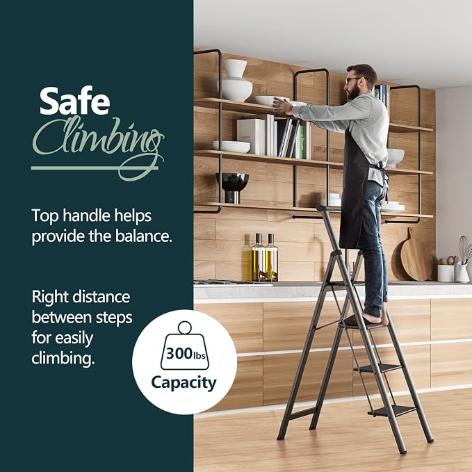 WOA WOA 4 Step Ladder, Ladders for Home, Anti-Slip Aluminum Pedals, Step Stool Foldable, Lightweight to Move, Ease of Storage, Reach 9ft for Closet Kitchen Library, Hold 300lbs - Black