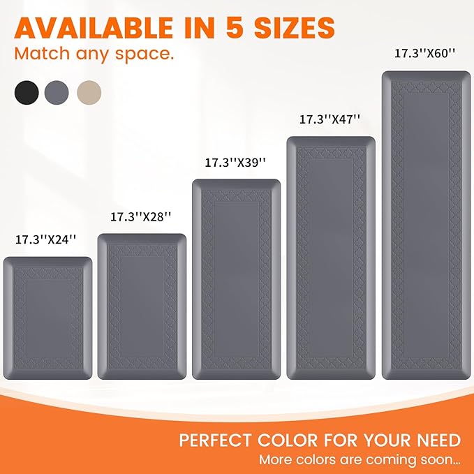 4/5 Inch Thicker Kitchen Mats for Floor Non-Slip Anti Fatigue Comfort Mat Waterproof Kitchen Rug for Sink, Office,Home Stain Resistant Standing Desk Rugs-17.3"x 47", Grey