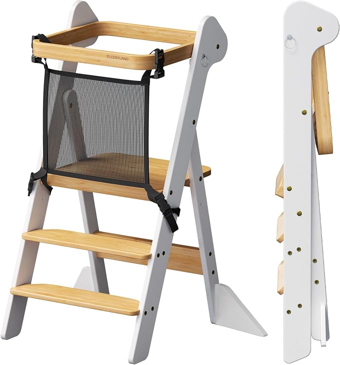 COSYLAND Foldable Standing Tower – IF Design Awarded Toddler Kitchen Step Stool with Safety Net & Large Side Support Legs– Height Adjustable Toddler Learning Helper Stool (White & Natural)-Foldi