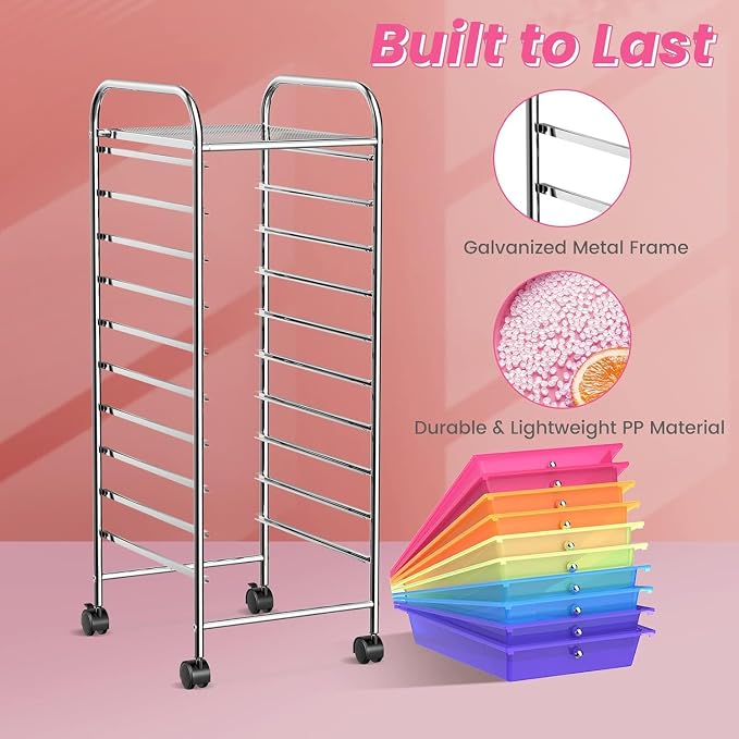 10-Drawer Rolling Storage Cart, Trolley w/Lockable 360° Wheels, 10 Removable PP Drawers, Sturdy Metal Frame, Rolling Utility Cart Perfect for Home, Office, Classroom (Rainbow)