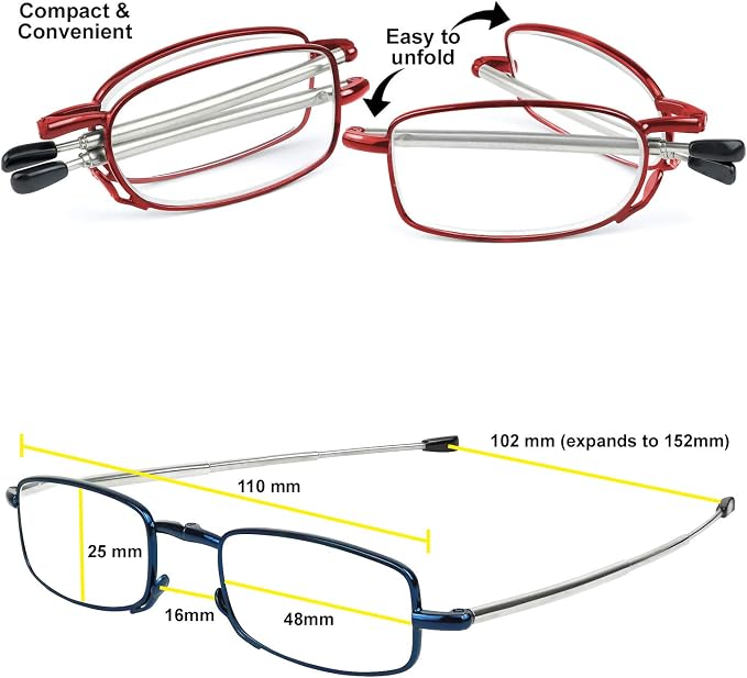 Success Eyewear Reading Glasses 2 Pair Black and Gunmetal Readers Compact Folding Unisex Glasses for Reading Case Included