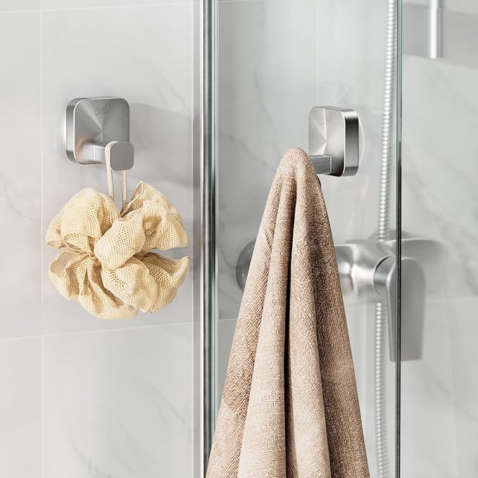 TAILI 304 Stainless Steel Bathroom Suction Hook for Towel, Loofah, Bathrobe, Patented Strong Suction Cup, Damage-Free Hanging Glass Shower Wall Hook, Hold Up to 11 Lbs, 2 Pack, Modern Square, Silver