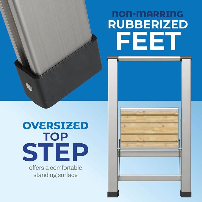 Step Ladder 1 Step Folding, Decorative - Beautiful Bamboo & Silver Aluminum, Ultra Slim Profile, Anti Slip Steps, Sturdy-Portable for Home, Office, Kitchen, Photography Use,by SORFEY