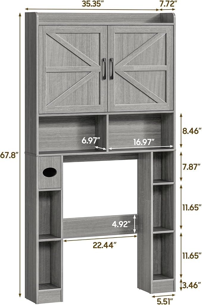 Over The Toilet Storage Cabinet, Farmhouse Toilet Cabinet Rack with Barn Doors, Space Saving Bathroom Organizer with Shelves, Toilet Paper Holder and Towel Rack for Bathroom,Restroom,Laundry,Wash Grey