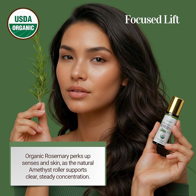 Rosemary Essential Oil Roll On for Hair Growth Scalp Massage Care - 100% Pure USDA Organic MCT Coconut Oil - Eyebrow Beard Growth Hairline Roots Mental Clarity Focus - Gemstone Roller 10ml Travel Size