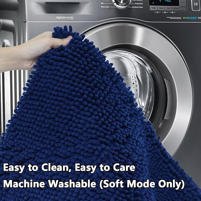 Bathroom Rugs Chenille 3-Piece Extra Soft and Absorbent Shag Bathroom Rugs, Machine Wash Mat, Strong PVC Non-Slip Underside, Plush Carpet Mats (Navy Blue)