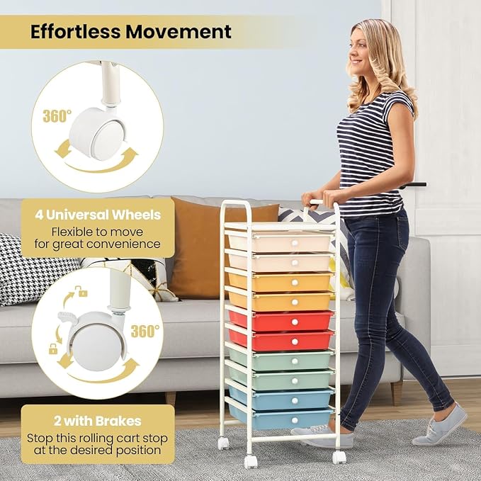 10-Drawer Rolling Storage Cart, Trolley w/Lockable 360° Wheels, 10 Removable PP Drawers, Sturdy Metal Frame, Rolling Utility Cart Perfect for Home, Office, Classroom (Macaron)