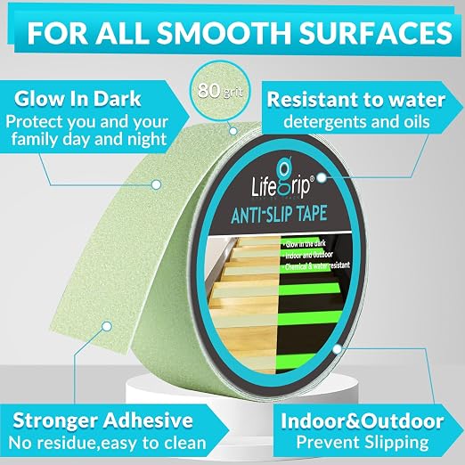 LifeGrip Anti Slip Traction Tape with Glow in Dark Green, 2 Inch x 38 Feet - Best Grip, Friction, Abrasive Adhesive for Stairs, Tread Step, Indoor and Outdoor, Luminous Green (2 inch X 38 feet)