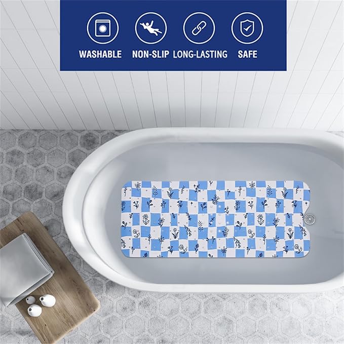 Bathtub Mat Non Slip 40x16 Inch Extra Long Bath Mat, Blue Floral Modern Art Shower Mat Non Slip Bath Mat for Tub Anti Slip with Large Drain Holes and Suction Cups, Rustic Flowers Design Bathroom Mat