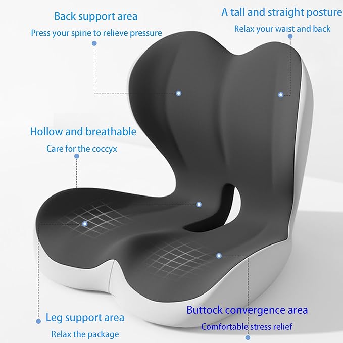 Seat Cushion for Long Sitting Office Worker, Memory Foam Chair Cushion for Car, Truck & Office Seat L-Shaped Ergonomic Design(Black Gray)