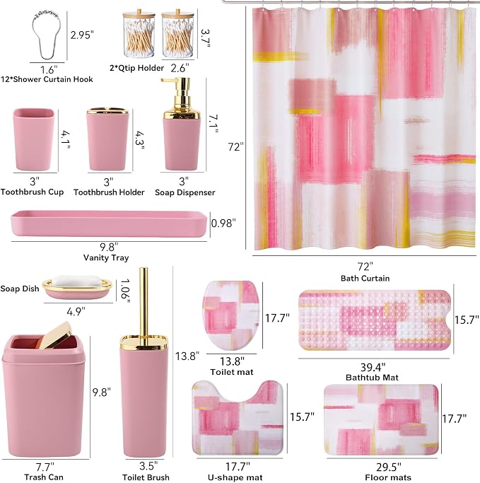 XLHOMO Bathroom Accessories Set - 26PCS Pink Bathroom Set, Bathroom Accessory Set with Shower Curtain and Rugs and Bathtub Mats for Home